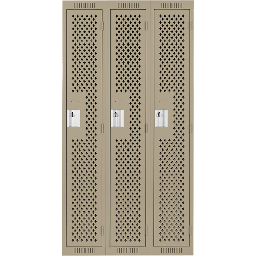 Clean Line Lockers, Bank of 3, 36" x 15" x 72", Steel, Beige, Rivet (Assembled), Perforated OCP Construction Supplies