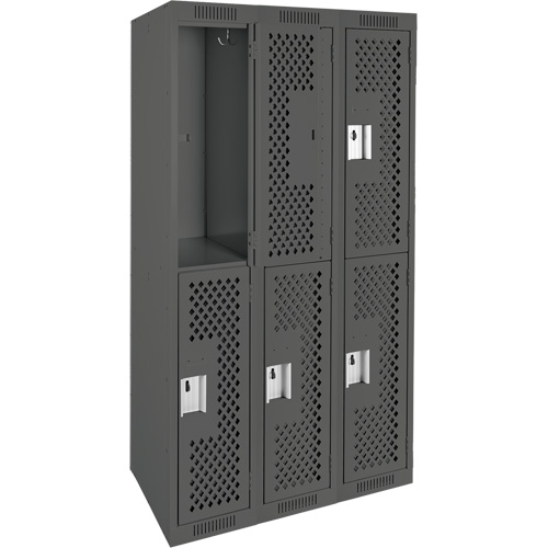 Clean Line Lockers, 2 -tier, Bank of 3, 36" x 15" x 72", Steel, Charcoal, Rivet (Assembled), Perforated OCP Construction Supplies