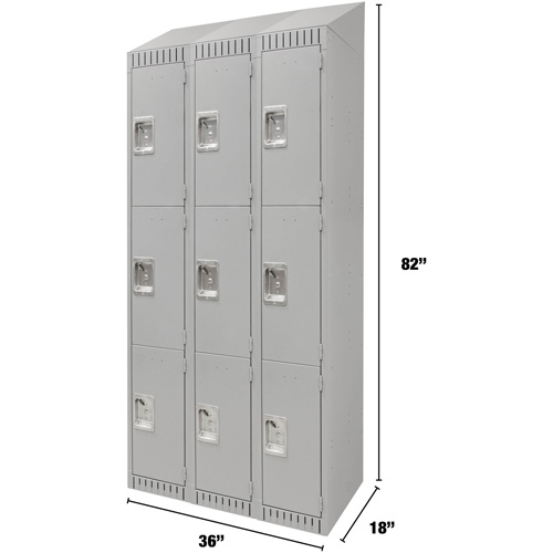 Lockers, 3 -tier, Bank of 3, 36" x 18" x 82", Steel, Grey, Knocked Down OCP Construction Supplies