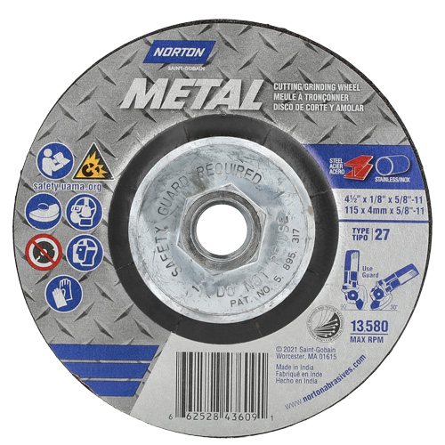 Metal Grinding & Cutting Wheel, 4-1/2" x 1/8", 5/8"-11 Arbor, Type 27, Aluminum Oxide OCP Construction Supplies