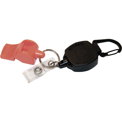 D&eacute;rouleur autor&eacute;tractable pour carte d'identit&eacute; et cl&eacute;s avec sifflet, M&eacute;tal en alliage de zinc, C&acirc;ble 24", Fixation Mousqueton OCP Construction Supplies