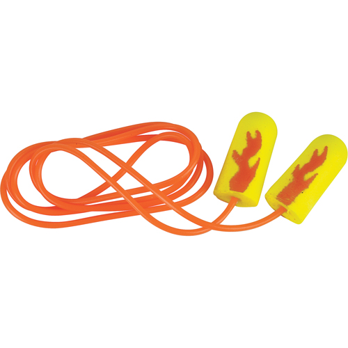 Bouchons d'oreilles &eacute;clat n&eacute;on jaune E-A-Rsoft, Vrac - Sac en poly, Avec cordon OCP Construction Supplies