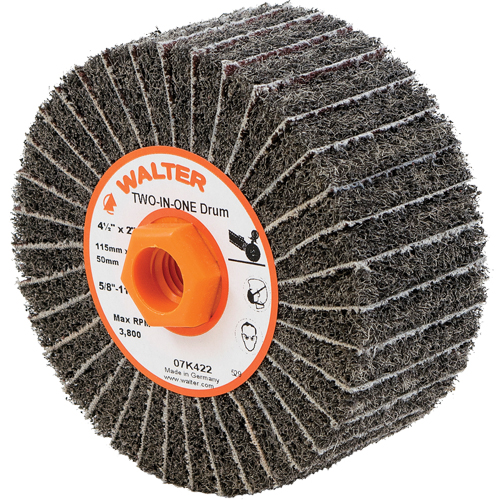 Two-In-One Finishing Drums, 4-1/2" Dia. x 2" W, 5/8"-11 Arbor, Aluminum Oxide OCP Construction Supplies