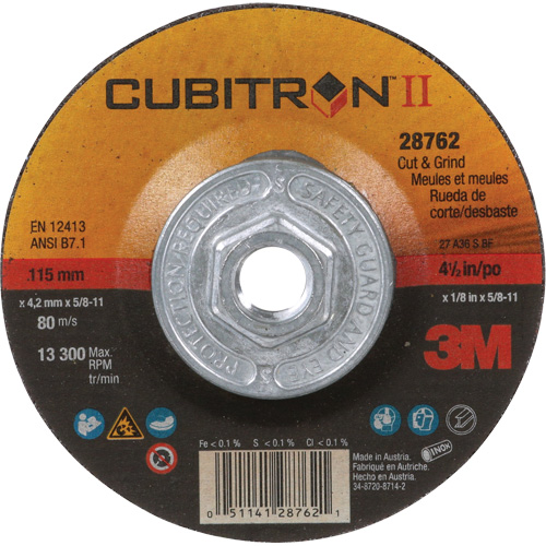 Disque de coupe et de meulage &agrave; changement rapide Cubitron II, 4-1/2" x 1/8", Arbre de 5/8"-11, Type 27, C&eacute;ramique OCP Construction Supplies