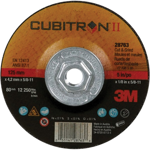 Disque de coupe et de meulage &agrave; changement rapide Cubitron II, 5" x 1/8", Arbre de 5/8"-11, Type 27, C&eacute;ramique OCP Construction Supplies