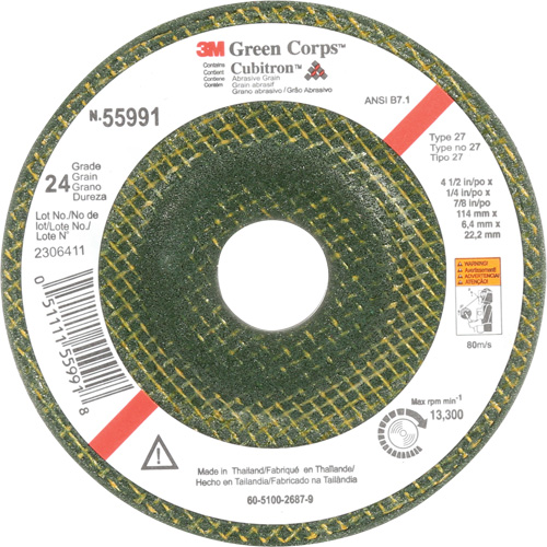 Meule &agrave; moyeu d&eacute;port&eacute; Green Corps, 4-1/2" x 1/4", Arbre 7/8", C&eacute;ramique, Type 27 OCP Construction Supplies