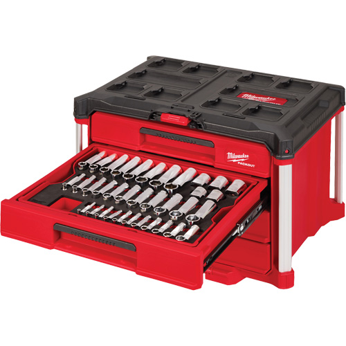 Ensemble de 242 pi&egrave;ces de douilles et cliquets m&eacute;triques et SAE 1/4", 3/8" et 1/2" avec boîte &agrave; outils PACKOUT &agrave; 4 tiroirs, 16-3/10" x 22-1/5" x 14-3/10", Noir/Rouge OCP Construction Supplies