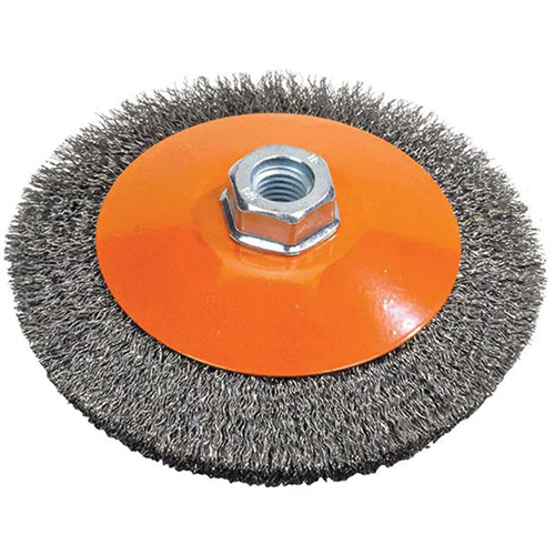 Saucer Crimped Wire Wheel, 4" Dia., 0.012" Fill, 5/8"-11 Arbor OCP Construction Supplies