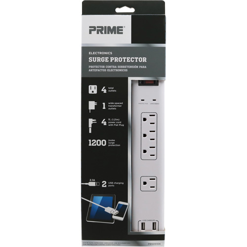 Limiteurs de surtension avec chargeur USB, 4 Prises, 1200 J, 1875 W, Cordon 4' OCP Construction Supplies