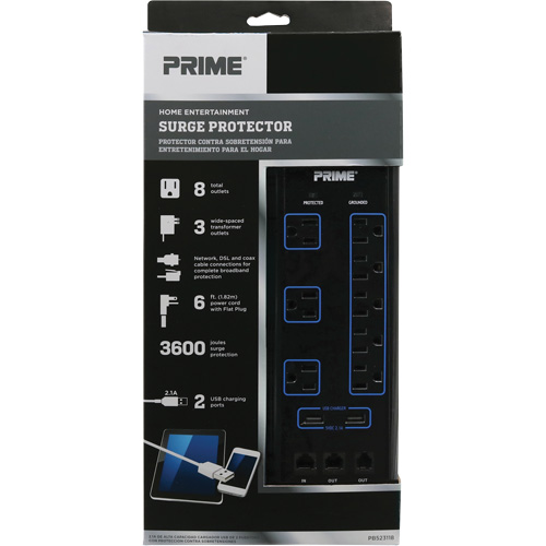 Limiteurs de surtension avec chargeur USB, 8 Prises, 3600 J, 1875 W, Cordon 6' OCP Construction Supplies