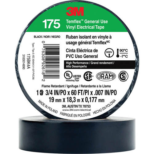 Temflex General Use Vinyl Electrical Tape 175, 19 mm (3/4") x 18 M (60'), Black, 7 mils OCP Construction Supplies