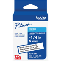 TZe-211 Laminated Tape for TZe-Compatible P-Touch Label Makers, Black on White, 0.23" Width OCP Construction Supplies