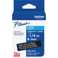TZe-315 Laminated Tape for TZe-Compatible P-Touch Label Makers, White on Black, 0.23" Width OCP Construction Supplies
