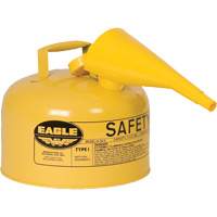 Bidon de s&eacute;curit&eacute; pour le diesel avec entonnoir, Type I, Acier galvanis&eacute;, 2,5 gal. US, Jaune, Homologu&eacute; FM/List&eacute; UL/ULC OCP Construction Supplies